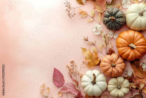 Pumpkins and Autumn Leaves on a Pink Background photo