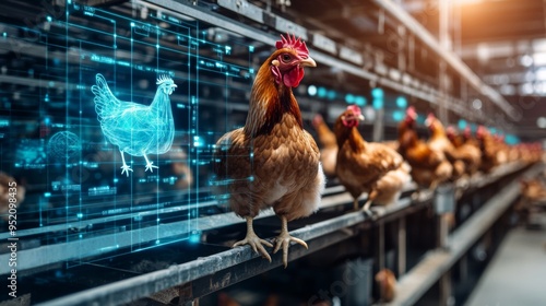 A futuristic poultry farm where automated feeders and waterers are managed by AI algorithms. The image shows rows of clean and well-maintained cages, with digital interfaces monitoring the health and photo