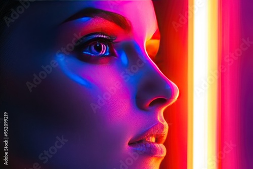 Close-up of a woman's face illuminated by neon lights