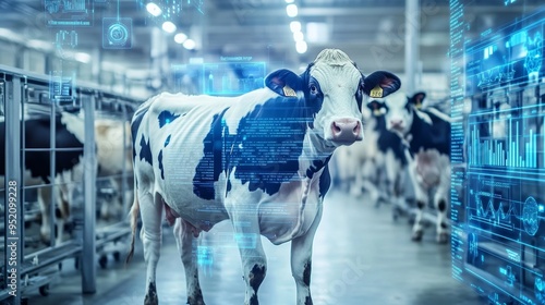 A futuristic dairy farm where robotic milking machines and sensors monitor cow health and milk yield. The image captures cows in a clean, spacious environment, with digital screens displaying data on