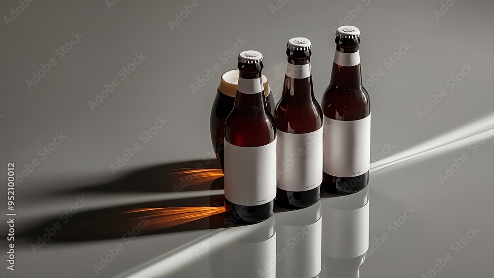 Three glass bottles with beer with white labels on grey background Three glass bottles with beer with white labels on grey background