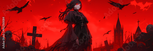 Dark Anime Manga Girl in Horror Style for Cover and Background