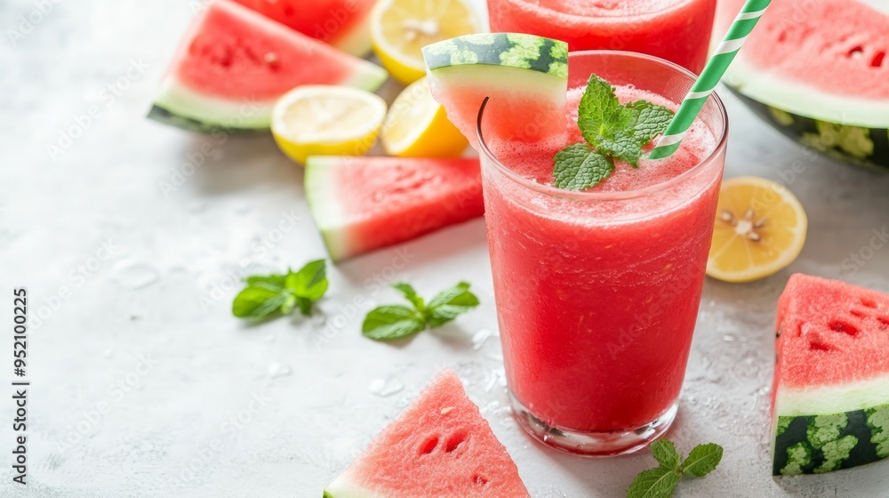 Watermelon smoothie and freshly squeezed juice with mint and lemon on a white table with sliced watermelon pieces. High quality photo Watermelon smoothie and freshly squeezed juice with mint and lemon on a white table with sliced watermelon pieces. High quality photo