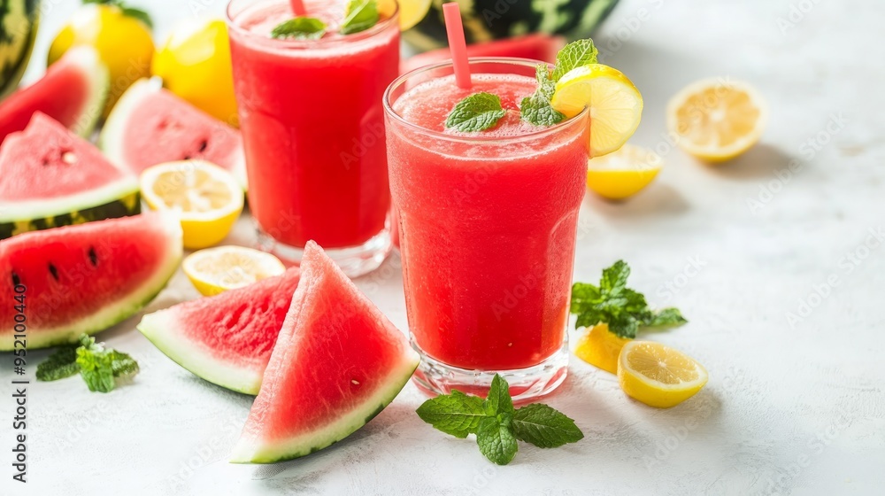 Watermelon smoothie and freshly squeezed juice with mint and lemon on a white table with sliced watermelon pieces. High quality photo Watermelon smoothie and freshly squeezed juice with mint and lemon on a white table with sliced watermelon pieces. High quality photo
