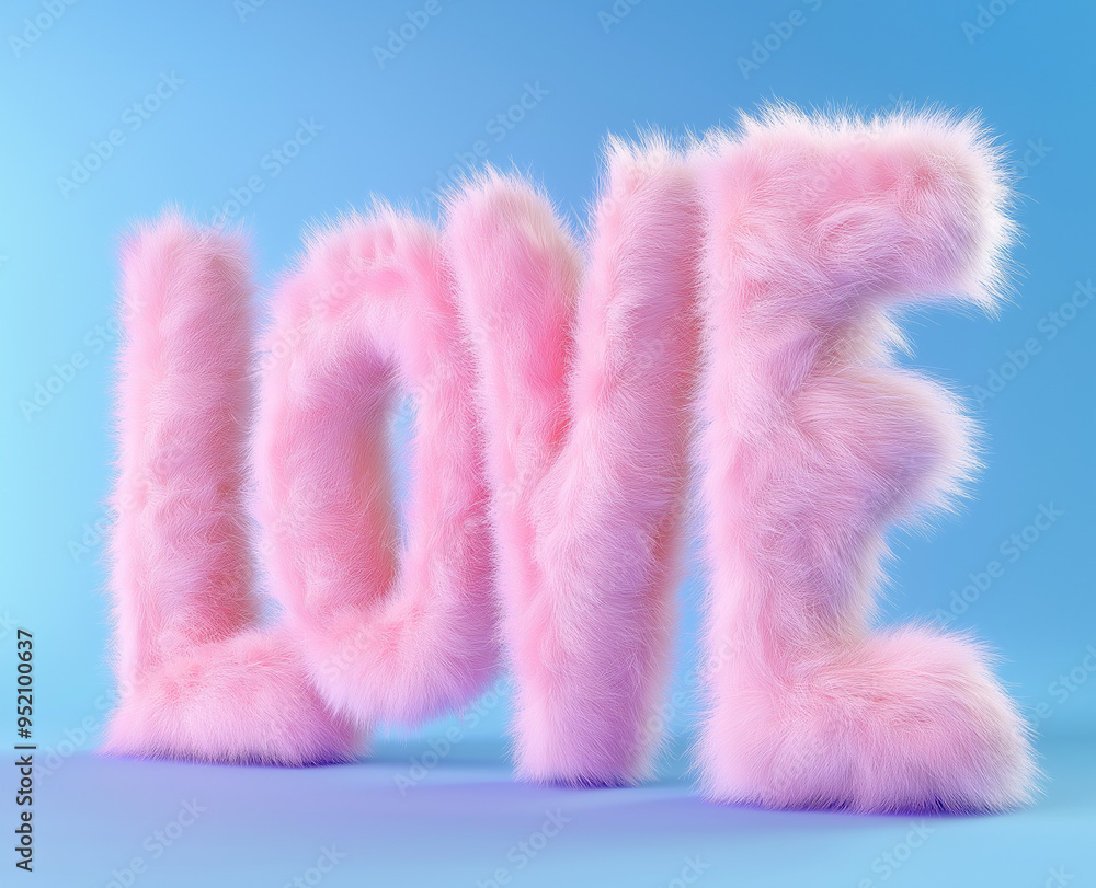 The word 'LOVE' in fluffy pink fur on a pastel blue background. Charming and whimsical text design with a soft texture. The word 'LOVE' in fluffy pink fur on a pastel blue background. Charming and whimsical text design with a soft texture.