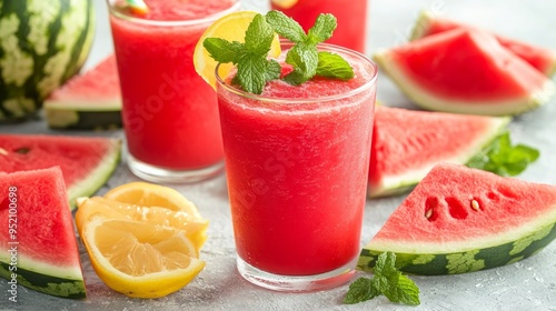 Wallpaper Mural Watermelon smoothie and freshly squeezed juice with mint and lemon on a white table with sliced watermelon pieces. High quality photo Torontodigital.ca