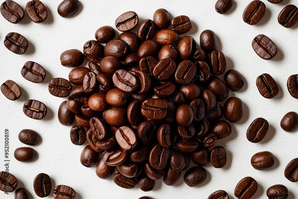 Obraz premium Aerial View of Roasted Coffee Beans on Bright White Background