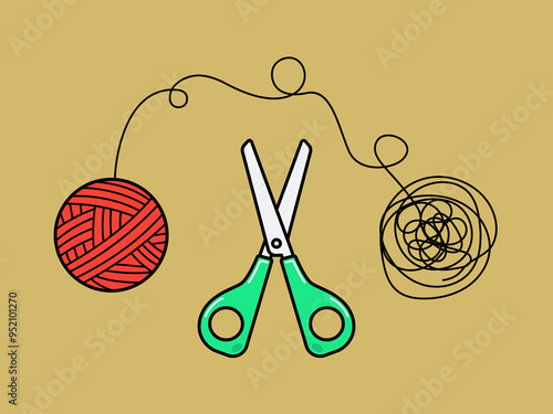 The Scissor and the tangled thread. Isolated Vector illustration