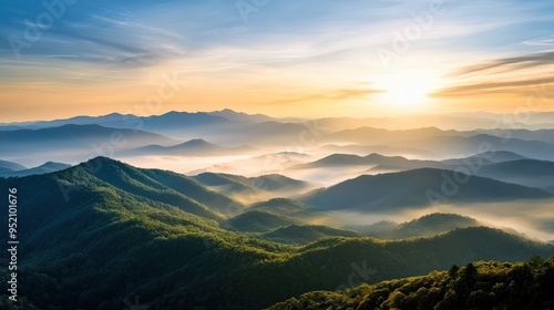 The stunning view of the Blue Ridge Mountains, USA, with layers of rolling hills at sunrise