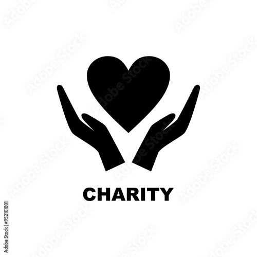 Charity icon. Hand hugging heart symbol signifies a caring person. Black silhouette of sharing, message of love and patient care, caring hands, health aid, giving something away. Vector illustration