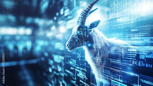 A high-tech goat breeding facility where AI-powered systems monitor animal health, productivity, and breeding cycles. The image shows goats in a clean, organized environment, with digital screens