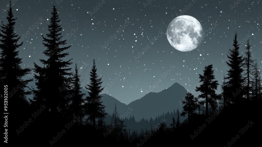 Naklejka premium Landscape with moon and the silhouette of the trees.