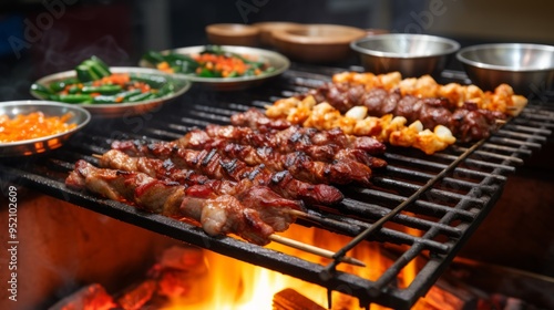 Korean bbq street food on grill close up. Neural network ai generated art