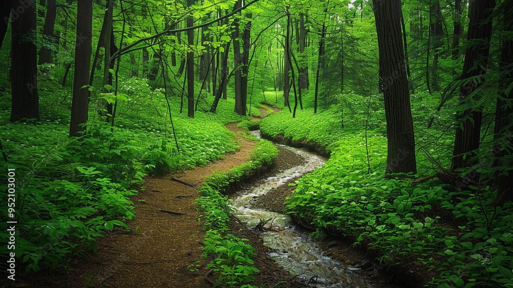 Obraz premium a forest with a gentle brook winding its way through a lush, green landscape