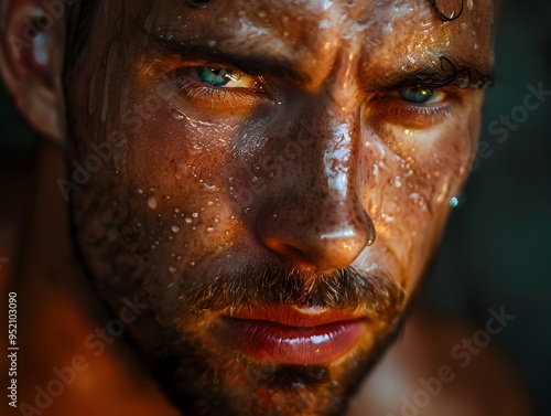 Determined Man with Glistening Sweat Reflecting Intense Focus and