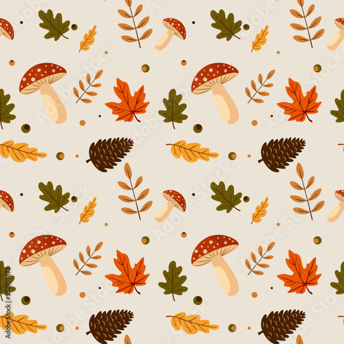 Seamless fall pattern with mushrooms, different leaves, spruce leaves on light background Illustration for wallpaper, wrapping paper, fabric, seasonal holidays Vector style