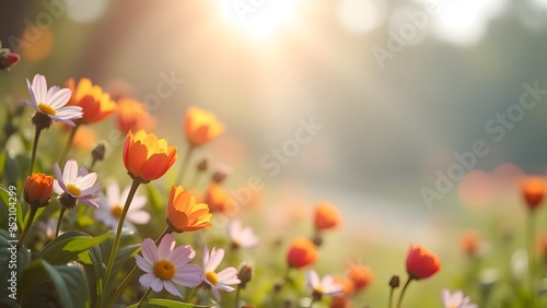 Colorful flowers in full bloom, illuminated by warm sunlight in a serene garden setting