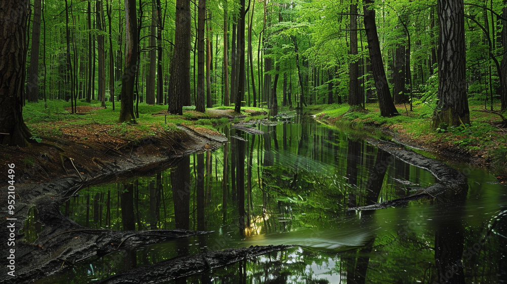 a forest with a winding river reflecting the surrounding trees a forest with a winding river reflecting the surrounding trees