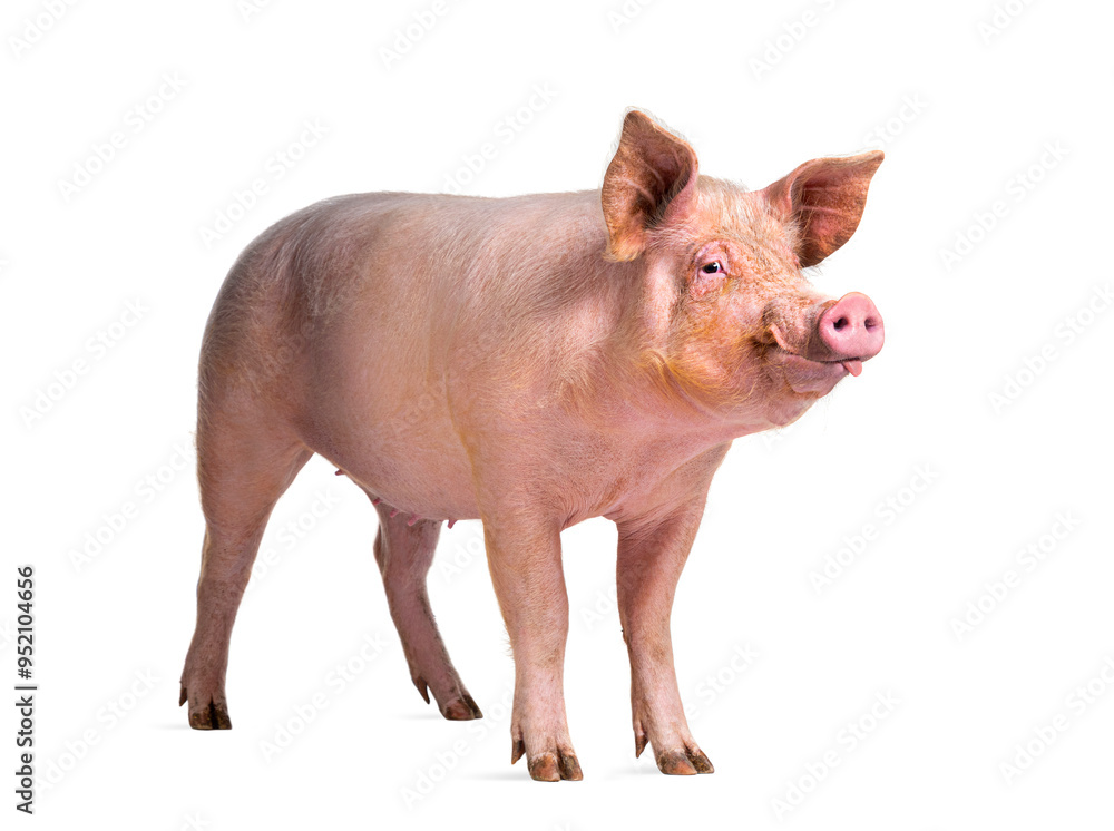 Domestic pig standing in front and sticking the tongue out, isolated Domestic pig standing in front and sticking the tongue out, isolated
