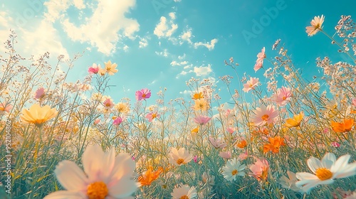 Colorful cosmos flowers bloom joyfully beneath a clear blue sky.