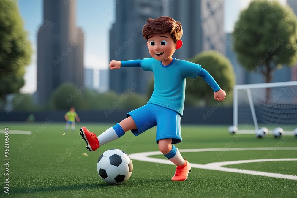 Obraz premium 3D Animated Cartoon Boy Kicking Soccer Ball in Dynamic Play