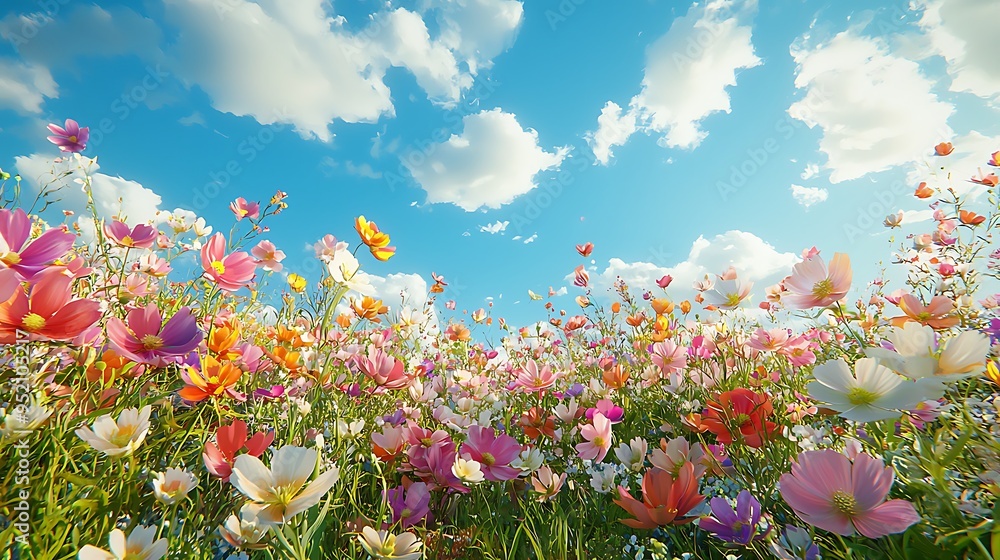 Fields of cosmos flowers dance under a blue sky with white clouds, full of life. Fields of cosmos flowers dance under a blue sky with white clouds, full of life.