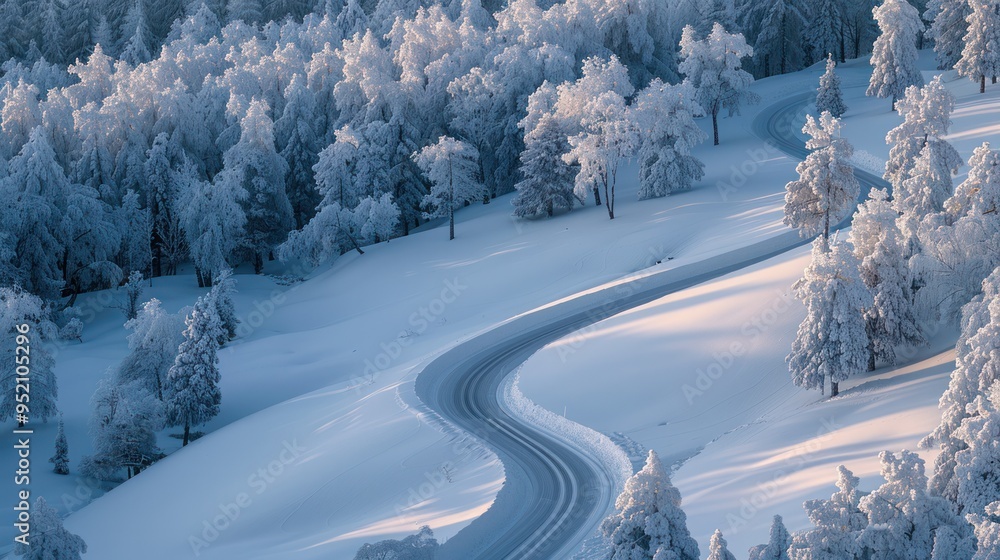 A winding snow-covered road disappearing into a snow-covered forest A winding snow-covered road disappearing into a snow-covered forest