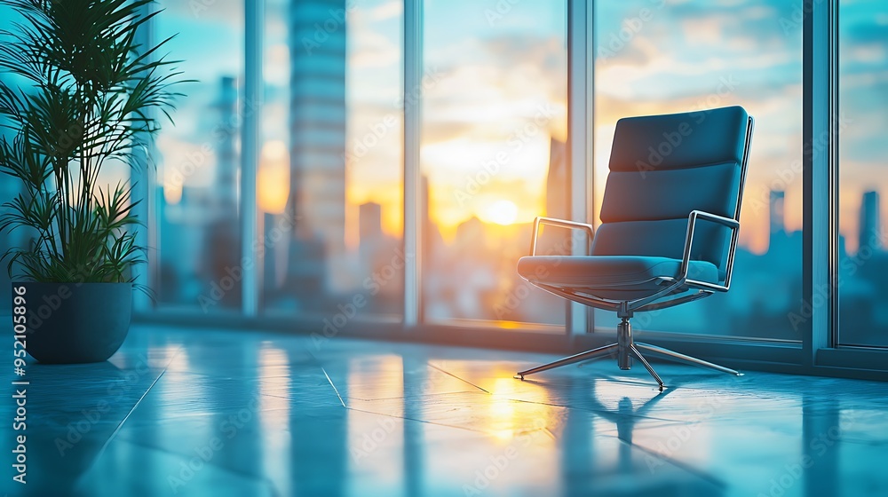 A modern office chair faces a breathtaking view of the city skyline at sunset.