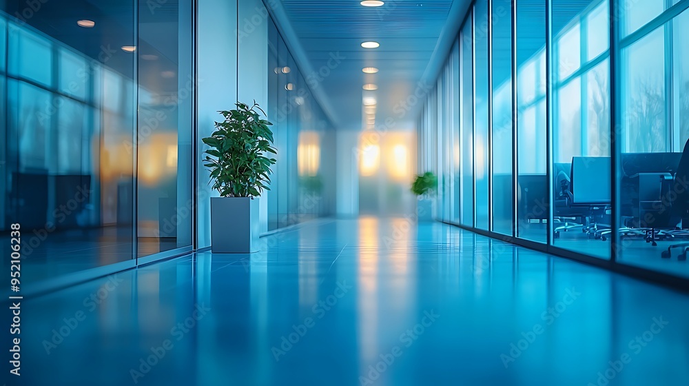 A sleek office corridor with glass walls and a striking blue-tiled floor. A sleek office corridor with glass walls and a striking blue-tiled floor.