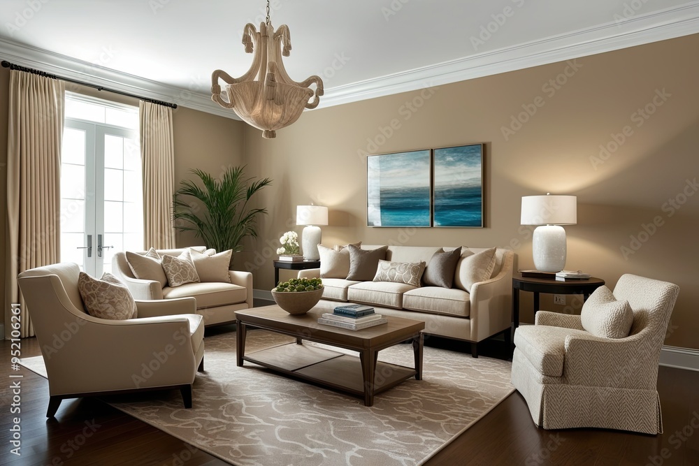 Fototapeta premium Chic Beige Living Room Design Featuring Dining Table and Comfortable Furniture Choices
