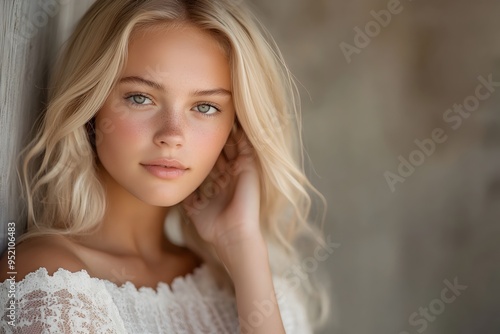 Thoughtful Blonde Woman in White Dress with Serene,Glamorous Expression