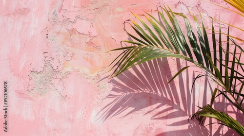 An evocative palm leaf shadow evocatively etched on a blush pink wall, capturing the essence of a fleeting moment. photo