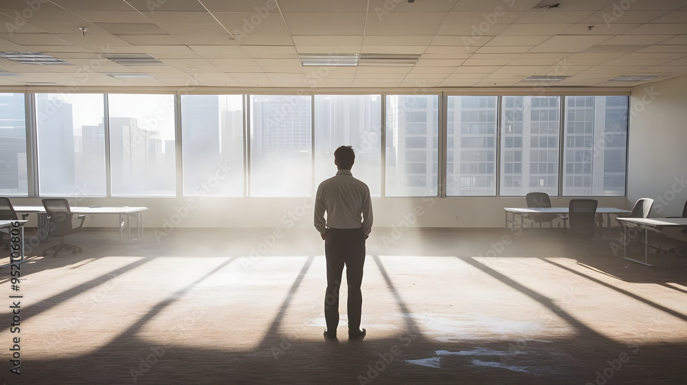 Businessman standing alone in an empty office, reflecting on closure, void of furniture, sunlight streaming through windows, capturing poignant moment of transition and loss Businessman standing alone in an empty office, reflecting on closure, void of furniture, sunlight streaming through windows, capturing poignant moment of transition and loss