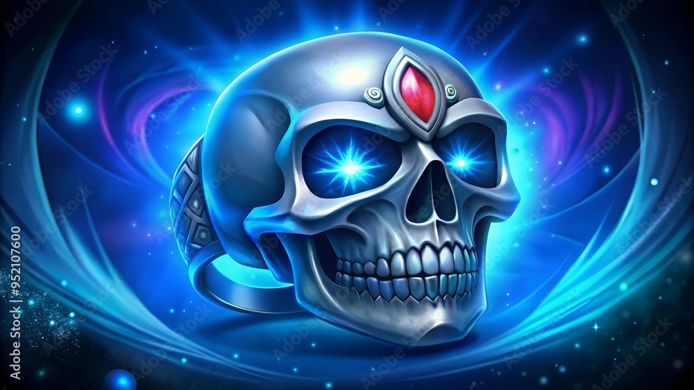 Stylized silver skull with glowing blue eyes and a jewel on a mystical blue background Stylized silver skull with glowing blue eyes and a jewel on a mystical blue background