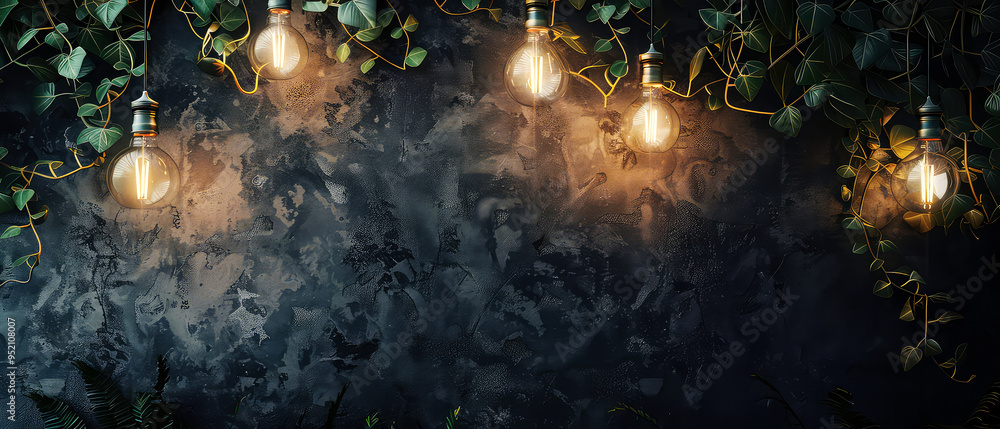 Fototapeta premium Mock up with glowing string lightning, lamp bulbs, garland, green leaves, foliage on dark textured background with golden shimmer. Illumination background with lights effect. Generative ai.