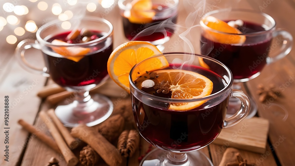 Close up view of mulled wine in glasses with orange pieces and spices on wooden surface with bokeh lights on backdrop Close up view of mulled wine in glasses with orange pieces and spices on wooden surface with bokeh lights on backdrop