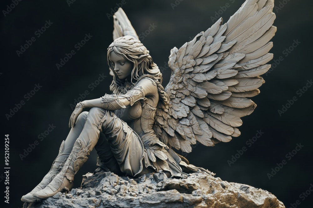 Fototapeta premium Angel Sculpture with Feathered Wings.
