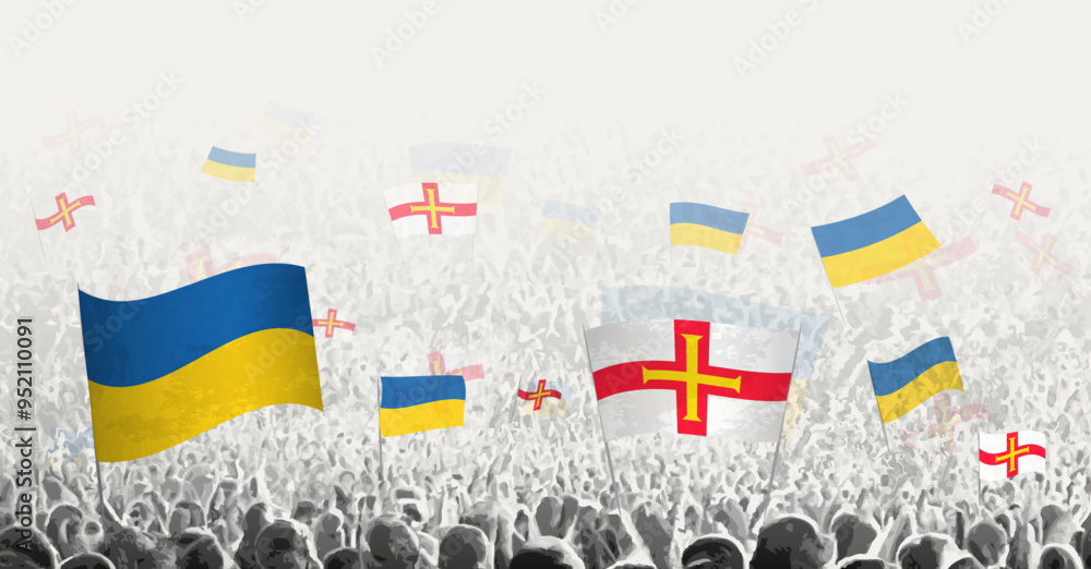 Naklejka premium People waving flag of Guernsey and Ukraine, symbolizing Guernsey solidarity for Ukraine.