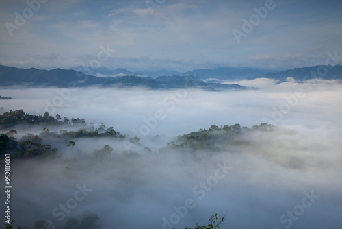 The morning fog evaporating from the valley of the Phetchaburi river and can be seen in the early morning from the viewpoints at Panoenthung.
Kaeng Krachan national park. Petchaburi province,Thailand photo