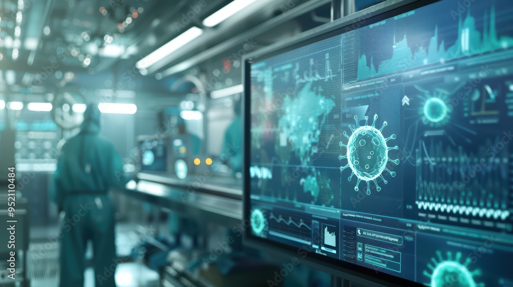 A futuristic laboratory showcasing advanced technology with medical data displays and a focused practitioner analyzing information. A futuristic laboratory showcasing advanced technology with medical data displays and a focused practitioner analyzing information.