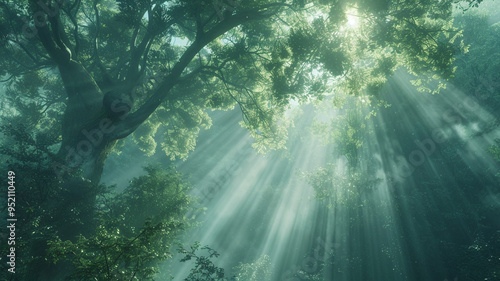 a mystical forest with ethereal light beams piercing through the canopy