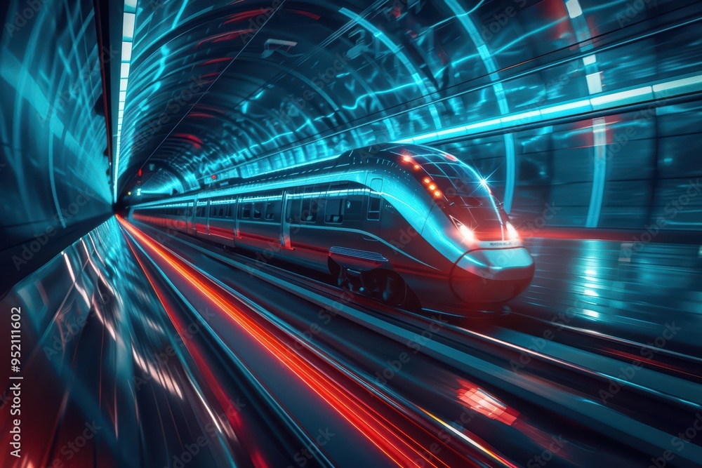 A high-speed train zooms through a futuristic tunnel illuminated by vibrant neon lights and dynamic motion effects.