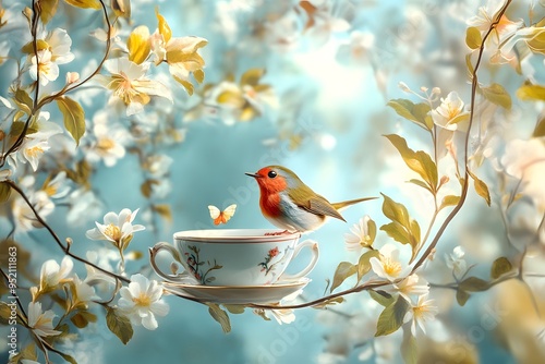 A Robin Perched on a Teacup in a Springtime Bloom