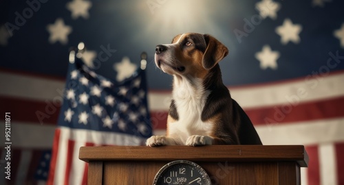 A dog giving a speech at a pulpit during an election day campaign, asking for votes, with a blurred bokeh American flag background