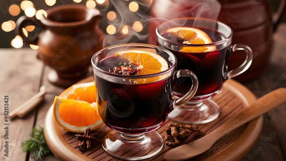 Close up view of mulled wine in glasses with orange pieces and spices on wooden surface with bokeh lights on backdrop Close up view of mulled wine in glasses with orange pieces and spices on wooden surface with bokeh lights on backdrop