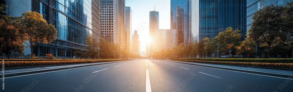 Pristine Empty Road Through Modern Cityscape at Morning Light Pristine Empty Road Through Modern Cityscape at Morning Light