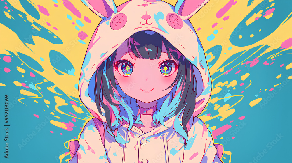 cute rabbit character wearing anime onesie costume, anime style, cute kawaii, simple, smiling happy. neon psychedelic background cute rabbit character wearing anime onesie costume, anime style, cute kawaii, simple, smiling happy. neon psychedelic background