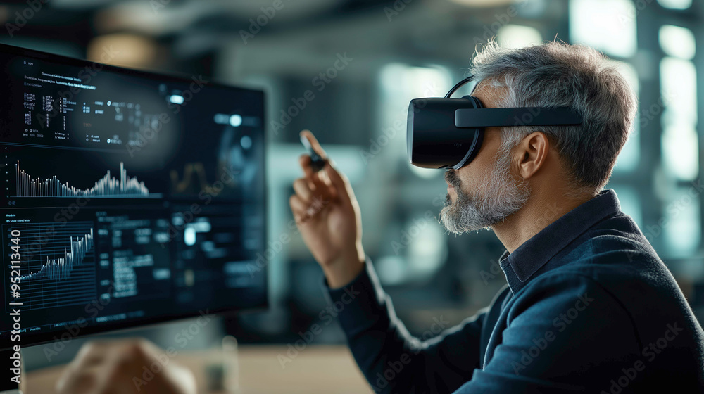 A senior engineer with a gray beard wearing a VR headset is analyzing data on a high-resolution monitor, using a stylus pen in a modern office, focusing on 3D visualizations. A senior engineer with a gray beard wearing a VR headset is analyzing data on a high-resolution monitor, using a stylus pen in a modern office, focusing on 3D visualizations.