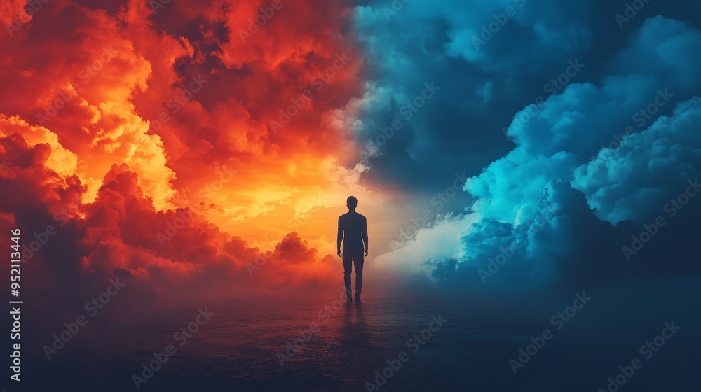 Man Standing Between Fiery Past and Serene Future Man Standing Between Fiery Past and Serene Future