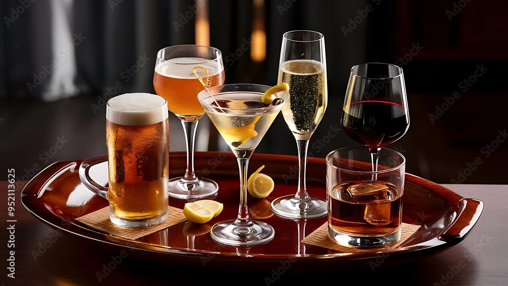 Different alcohol drinks on a tray -beer,cocktail,champagne,wine,whiskey Different alcohol drinks on a tray -beer,cocktail,champagne,wine,whiskey
